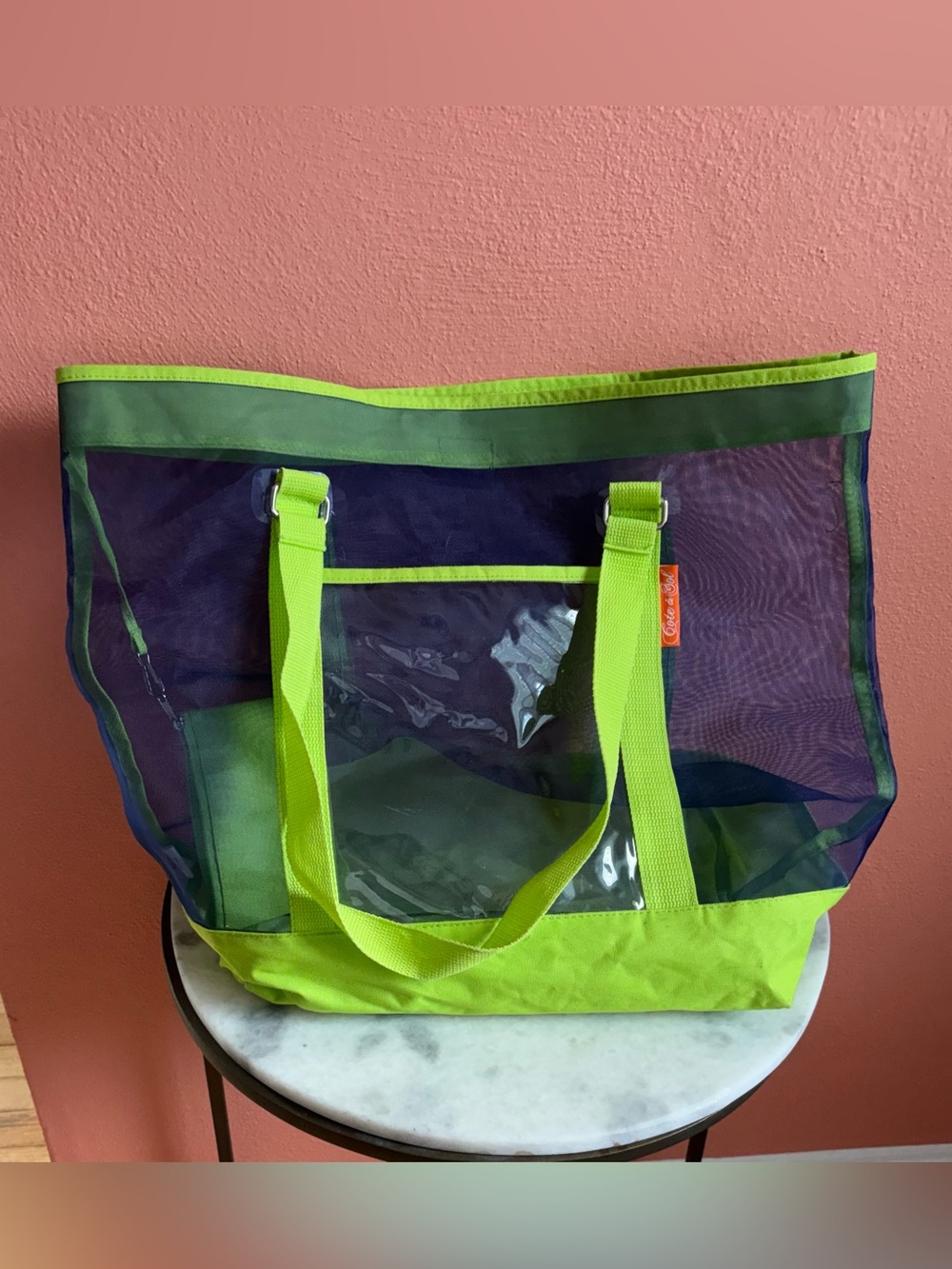 Neon Lime & Purple Mesh Tote Bag with Clear Front Pocket